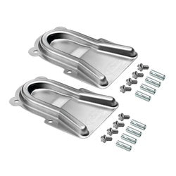 Two stainless steel caster positioning plates with mounting hardware and fasteners displayed.