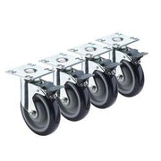 Four heavy-duty plate casters with 5-inch wheels and front brakes arranged in a row.