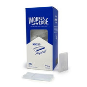 Blue and white box of Wobble Wedges with clear plastic shims displayed in front.