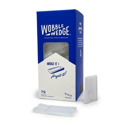 Blue and white box of Wobble Wedges with clear plastic shims displayed in front.