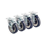 Four plate casters with blue rubber wheels and metal swivel heads arranged in a row.