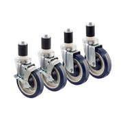 Four metal casters with blue wheels and black stems in increasing sizes, arranged in a row.