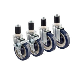 Four industrial casters with blue wheels, metal brackets, and black rubber stems, arranged in size progression.