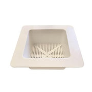 Rectangular white sink strainer basket with perforated drainage holes and sloped sides.