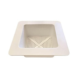 Rectangular white sink strainer basket with perforated drainage holes and sloped sides.