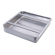 Stainless steel dish table sink strainer with perforated basin and drainage tray.