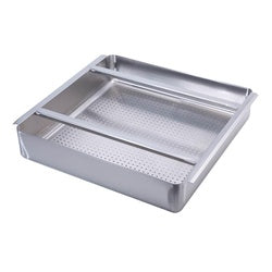 Stainless steel dish table sink strainer with perforated basin and drainage tray.