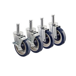 Four metal casters with dark blue 5-inch wheels and threaded stems aligned in a row.