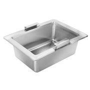 Stainless steel drain basket with perforated bottom and metal handles for bar sink.