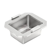 Stainless steel perforated drain basket with handles, sized for 10-inch by 12-inch sink bowl.