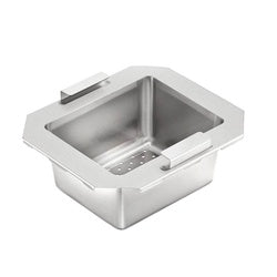 Stainless steel perforated drain basket with handles, sized for 10-inch by 12-inch sink bowl.