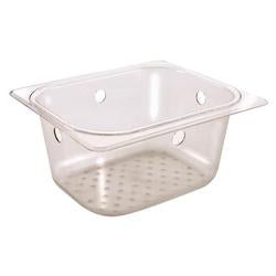 Clear plastic perforated dump basket with handles and drain holes for commercial sink use.