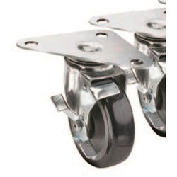 Set of four triangle plate casters with 5-inch black locking wheels and metal mounting hardware.