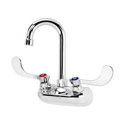 Chrome wall-mount faucet with curved gooseneck spout and two white wrist blade handles.