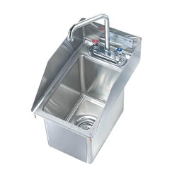 Stainless steel drop-in sink with single compartment, side splashes, integrated faucet and drain.