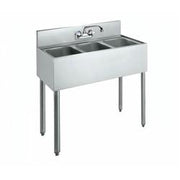 Stainless steel three-compartment convenience store sink with faucet and backsplash on metal legs.
