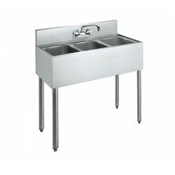 Stainless steel three-compartment convenience store sink with faucet and backsplash on metal legs.