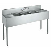 Stainless steel three-compartment sink with faucet and drainboards on four legs.