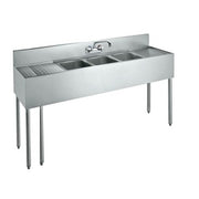 Stainless steel convenience store sink with three compartments, faucet, and metal legs, 72 inches wide.