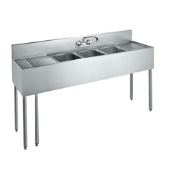 Stainless steel convenience store sink with three compartments, faucet, and metal legs, 72 inches wide.