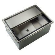 Stainless steel drop-in ice bin with removable liner and drain, rectangular shape.