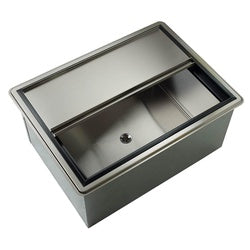 Stainless steel drop-in ice bin with removable liner and drain, rectangular shape.