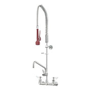 Wall-mounted pre-rinse faucet with coiled spray hose, red handle, and 12-inch spout.