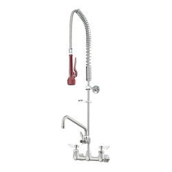 Wall-mounted pre-rinse faucet with coiled spray hose, red handle, and 12-inch spout.