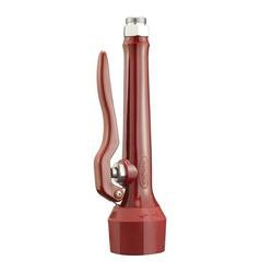 Pre-rinse spray valve with burgundy handle and base, featuring dual spray and shower pattern nozzle.