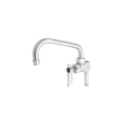 Chrome add-on faucet with curved spout and two lever handles.
