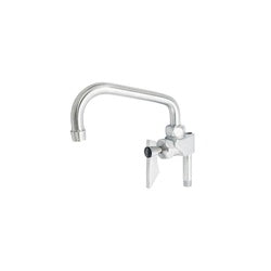 Chrome add-on faucet with curved spout and two lever handles.