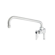 Chrome pre-rinse faucet with 12-inch curved spout and dual lever handles mounted on wall.