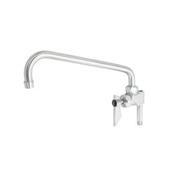 Chrome pre-rinse faucet with 12-inch curved spout and dual lever handles mounted on wall.