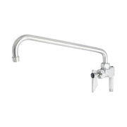 Chrome add-on faucet with 14-inch curved spout and single lever handle mounted on right side.