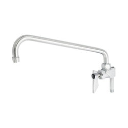 Chrome add-on faucet with 14-inch curved spout and single lever handle mounted on right side.
