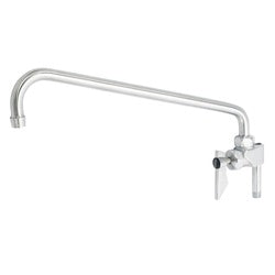 Chrome add-on faucet with curved spout and dual lever handles.
