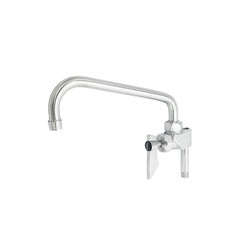 Chrome add-on faucet with high arched spout and lever handles on white background.