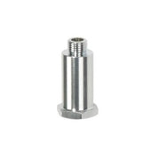 Stainless steel cylindrical spring retainer with threaded top connector and hexagonal base.