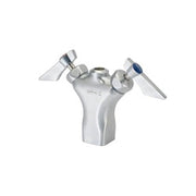 Chrome pre-rinse faucet base with dual lever handles and tapered body, single hole deck mount configuration.