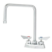Chrome deck mount faucet with tall double-bend spout and two lever handles on rectangular base.