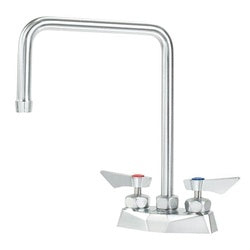 Chrome deck mount faucet with tall double-bend spout and two lever handles on rectangular base.