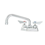 Chrome deck mount faucet with curved 8-inch spout and dual handles on white base.
