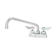 Chrome deck mount faucet with curved spout and dual handles on white base.