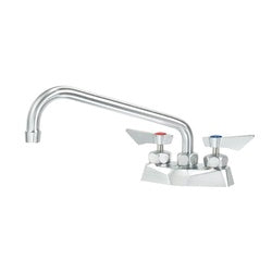 Chrome deck mount faucet with curved spout and dual handles on white base.