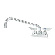 Chrome deck mount faucet with curved 12-inch spout and two handles, includes mounting hardware.