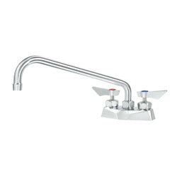 Chrome deck mount faucet with curved 12-inch spout and two handles, includes mounting hardware.