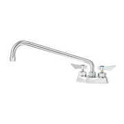 Chrome deck mount faucet with curved spout and dual handles on white background.
