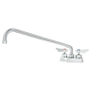 Chrome deck mount faucet with curved 16-inch spout and two handles on white background.