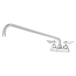 Chrome deck mount faucet with curved 16-inch spout and two handles on white background.