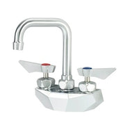 Chrome wall-mount faucet with double bend gooseneck spout and two handle controls.